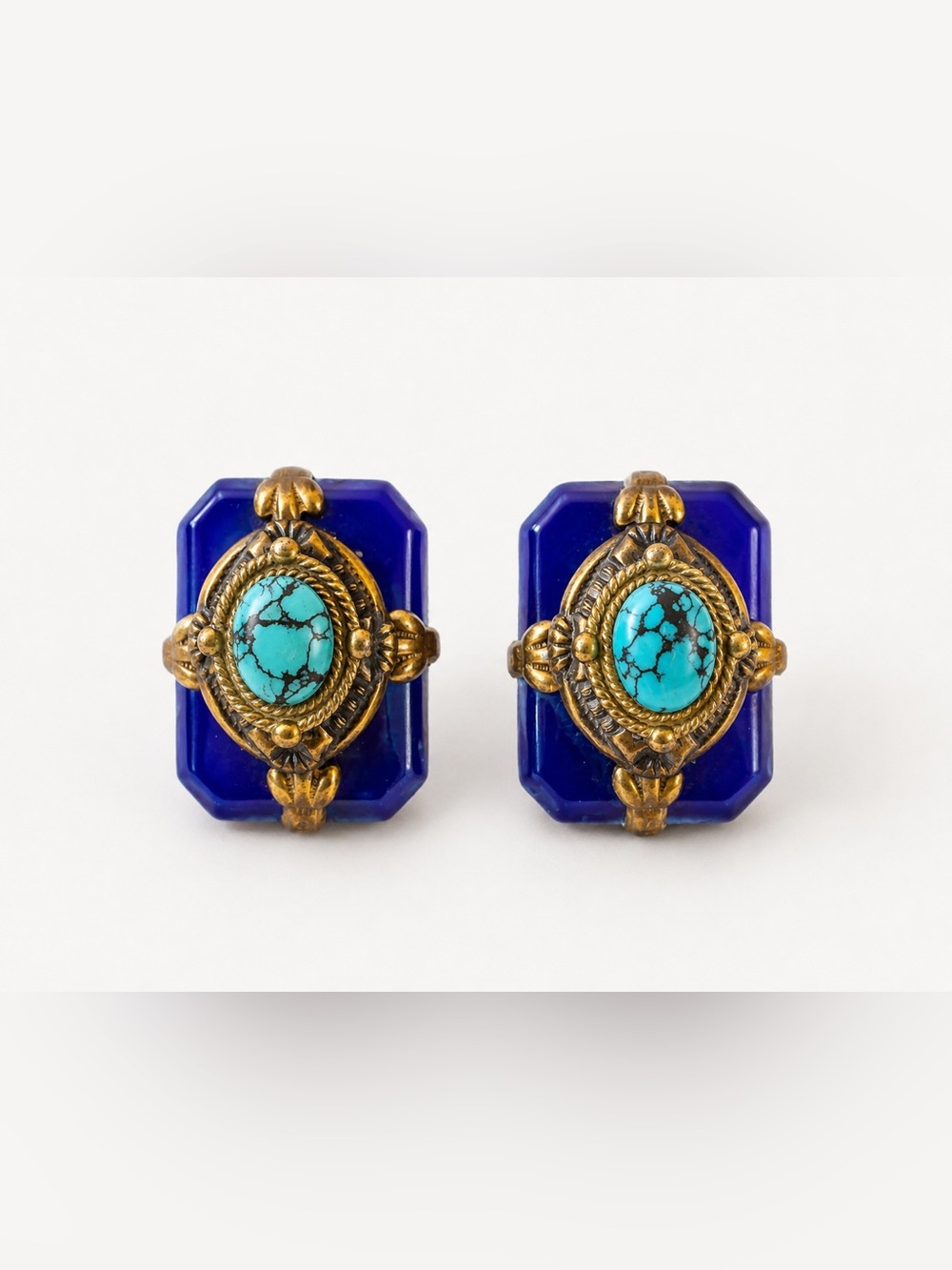 Vintage Turquoise Blue Enamel Clip On Earrings Statement Gold Tone